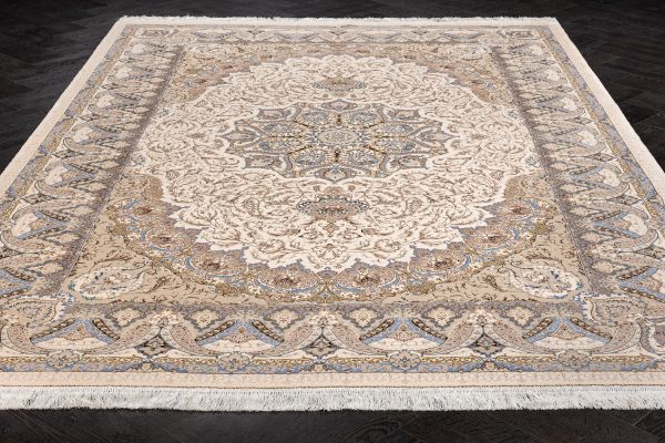 Иранский ковер из шёлка, модала и акрила «MASTERPIECE QUM» 026-23-1530A-CREAM-LBLUE Katrin 200 x 300 см