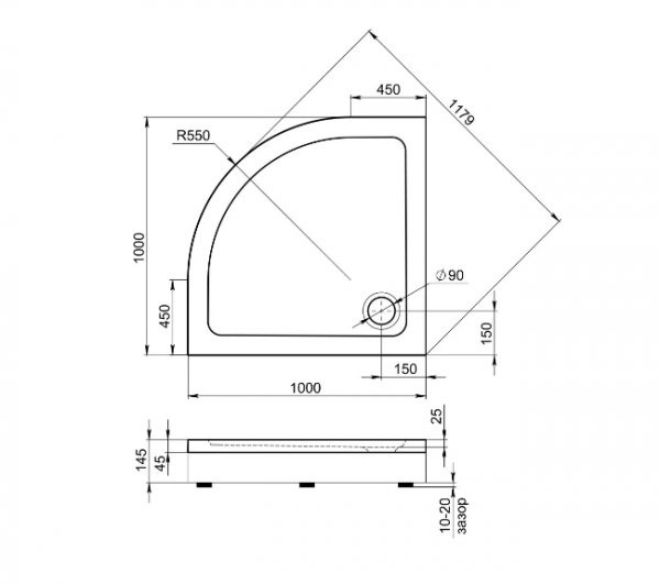 Душевой поддон Раунд R Поддон 1000х1000 без слива, экрана, установочн компл  ПН00068 BAS