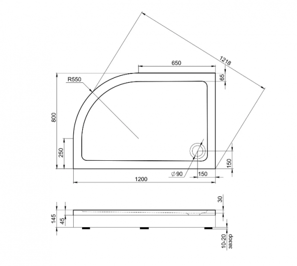 Душевой поддон Раунд R Поддон 1200х800 прав без слива, экрана, установоч компл  ПН00070 BAS