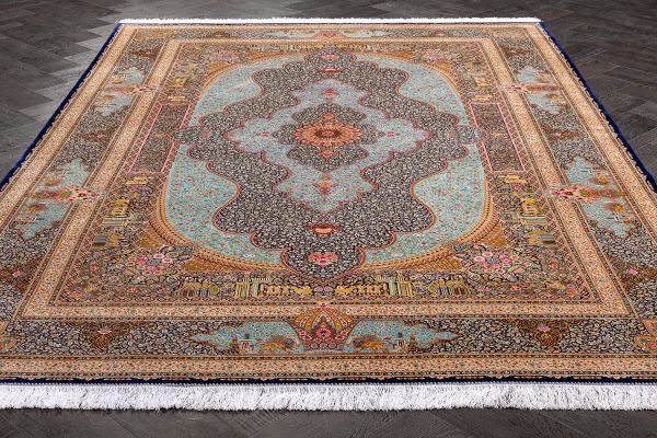 Иранский ковер из шёлка и модала «MASTERPIECE QUM» 006-23-JAMSHIDI Turquoise 202 x 302 см