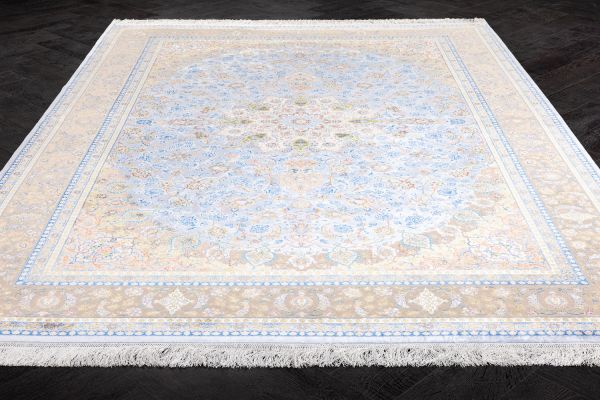 Иранский ковер из шёлка и модала «MASTERPIECE QUM» 030-23-1540-CREAM-LBLUE Katrin 200 x 300 см